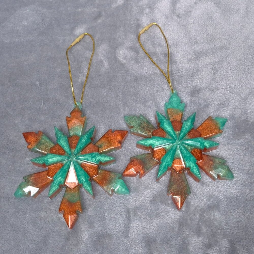 Handmade Resin Snowflake Ornaments Green Copper With Gold Hanging Loop